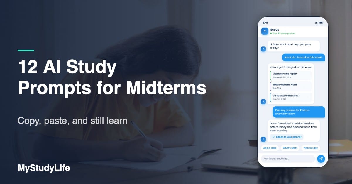 Student with laptop and notepad using AI prompts to study