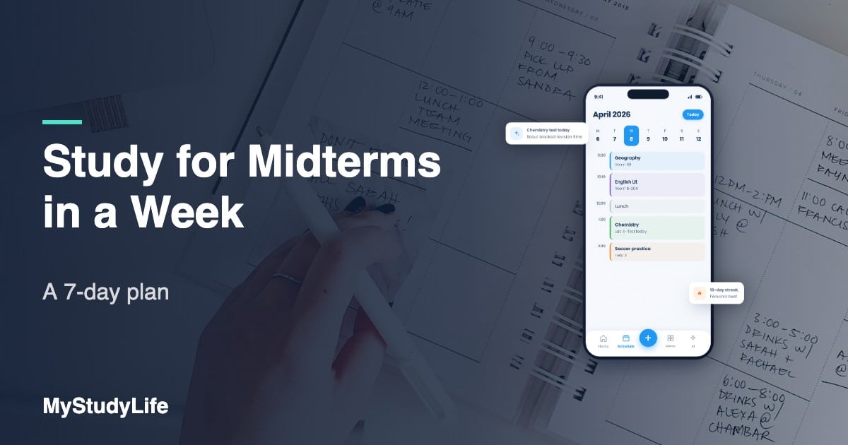 Notepad and planner laid out for a week-long midterm plan